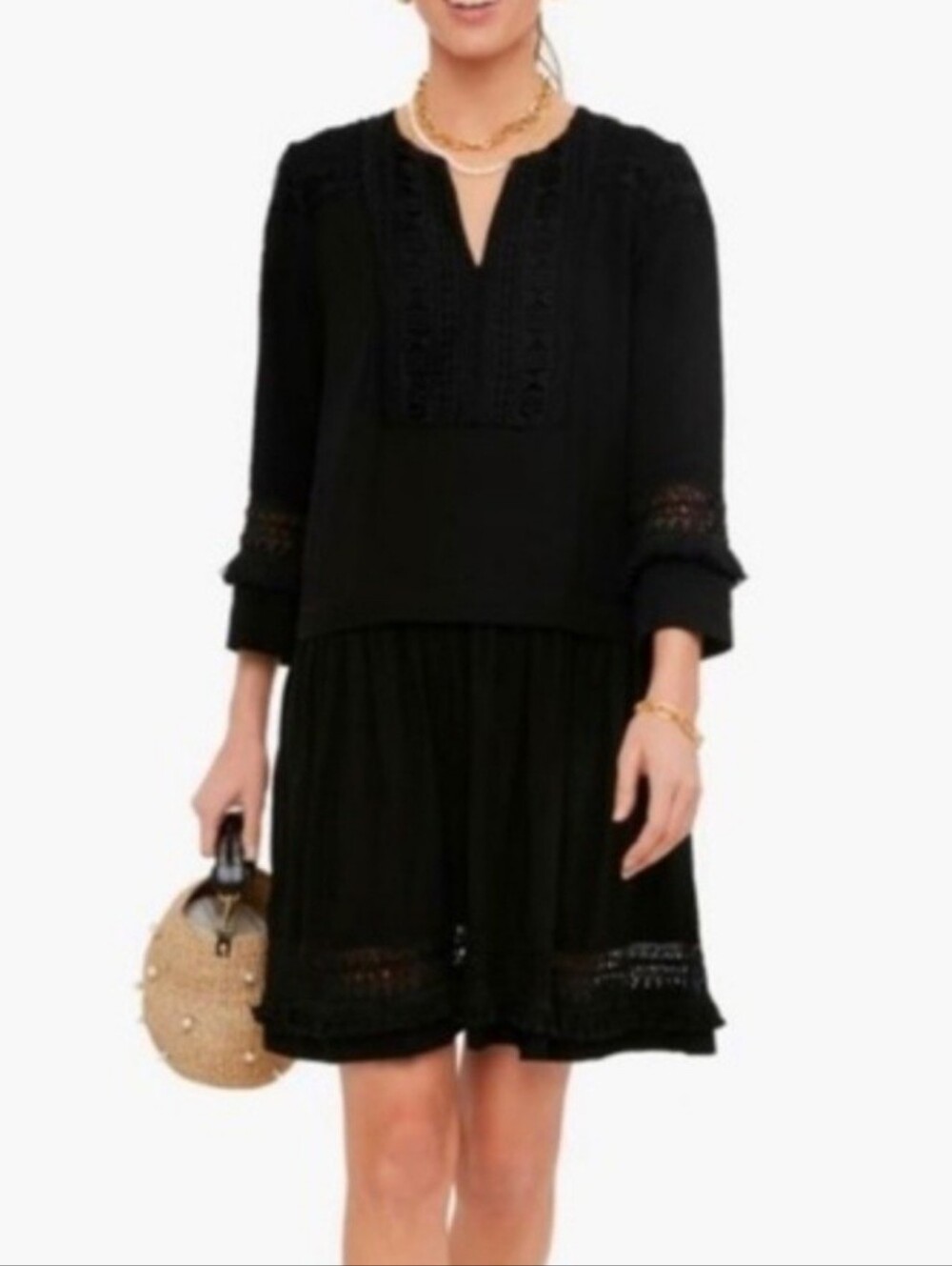 Tuckernuck Black Mini Dress Pippa Fringe Lace Drop Waist Boho Size Small
